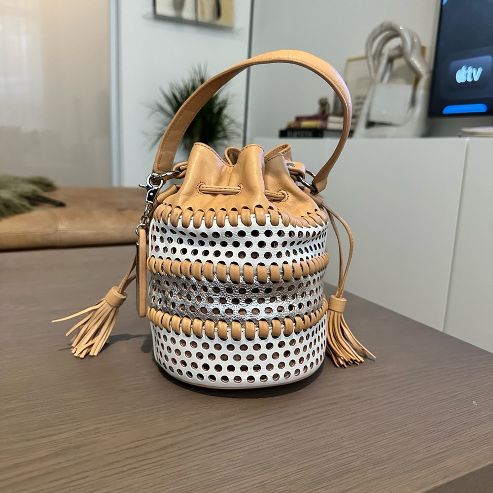 Chic Tan and White Bucket Bag